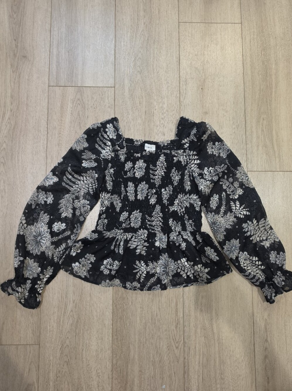 Böhme Floral Smocked Long Sleeve Peplum Blouse Size Medium Black Beige